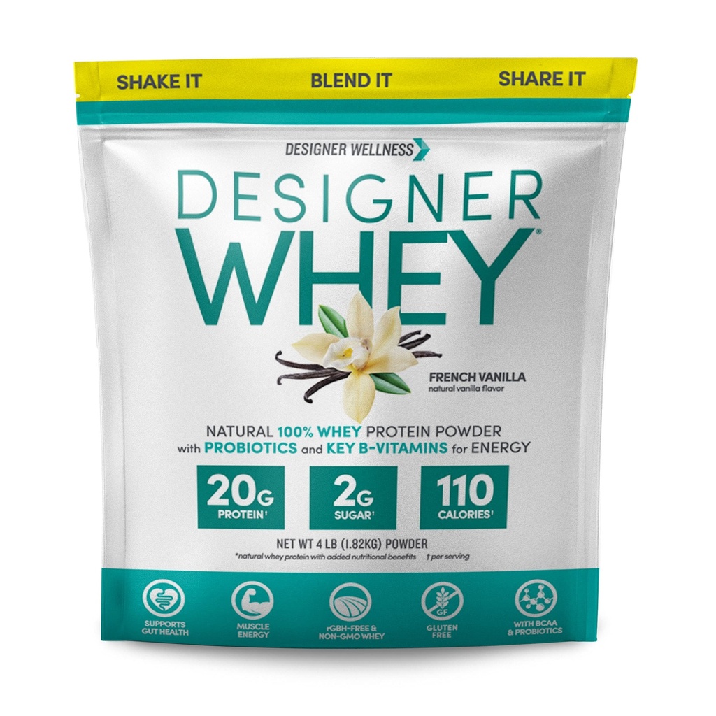 Designer Wellness, Designer Whey, Natural Whey Protein Powder with Probiotics, Fiber, and Key B-Vitamins for Energy, Gluten-Free, French Vanilla, 4 lb