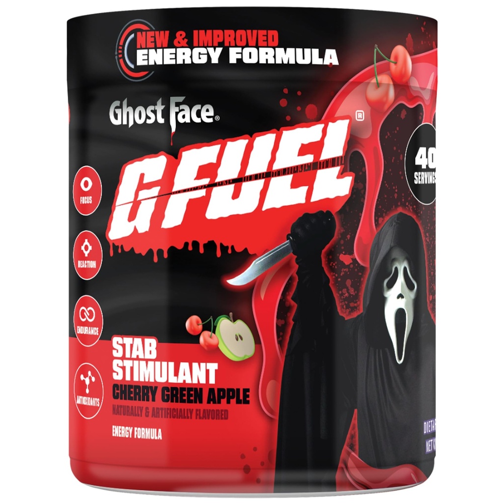 G Fuel Ghost Face Energy Drink Powder, Pre Workout Caffeine Mix für Gaming, Zucker freie Fokus Amino, Vitamin + Antioxidantien, 9.9oz (Cherry Green Apple, 40 Portionen)