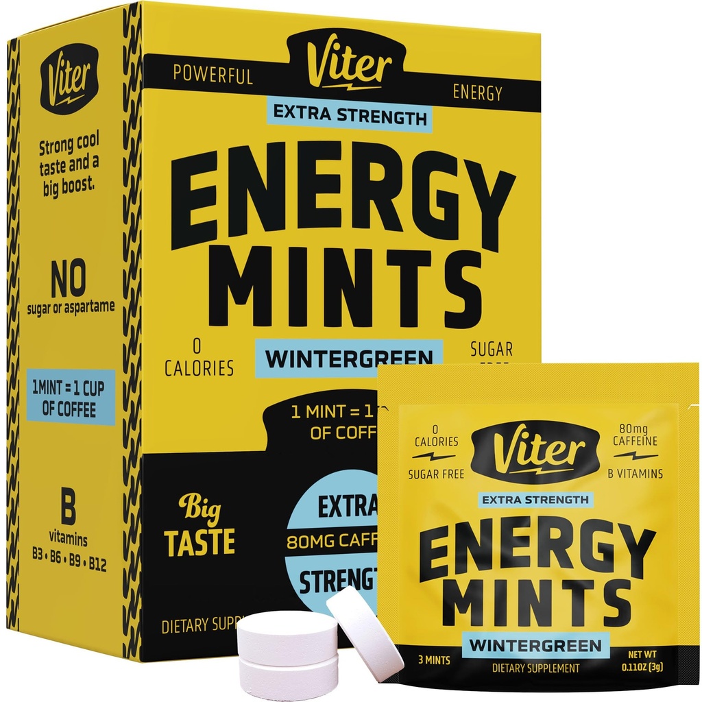 Viter Energy Caffeine Mints 80mg Extra Strength - 90 Stück Koffeiniert mit B Vitaminen. Sugar Free Vegan Breath Mint. Energize Nootropic Focus Booster für schnelle Alertness (Wintergreen Flavor, 30 Pack)