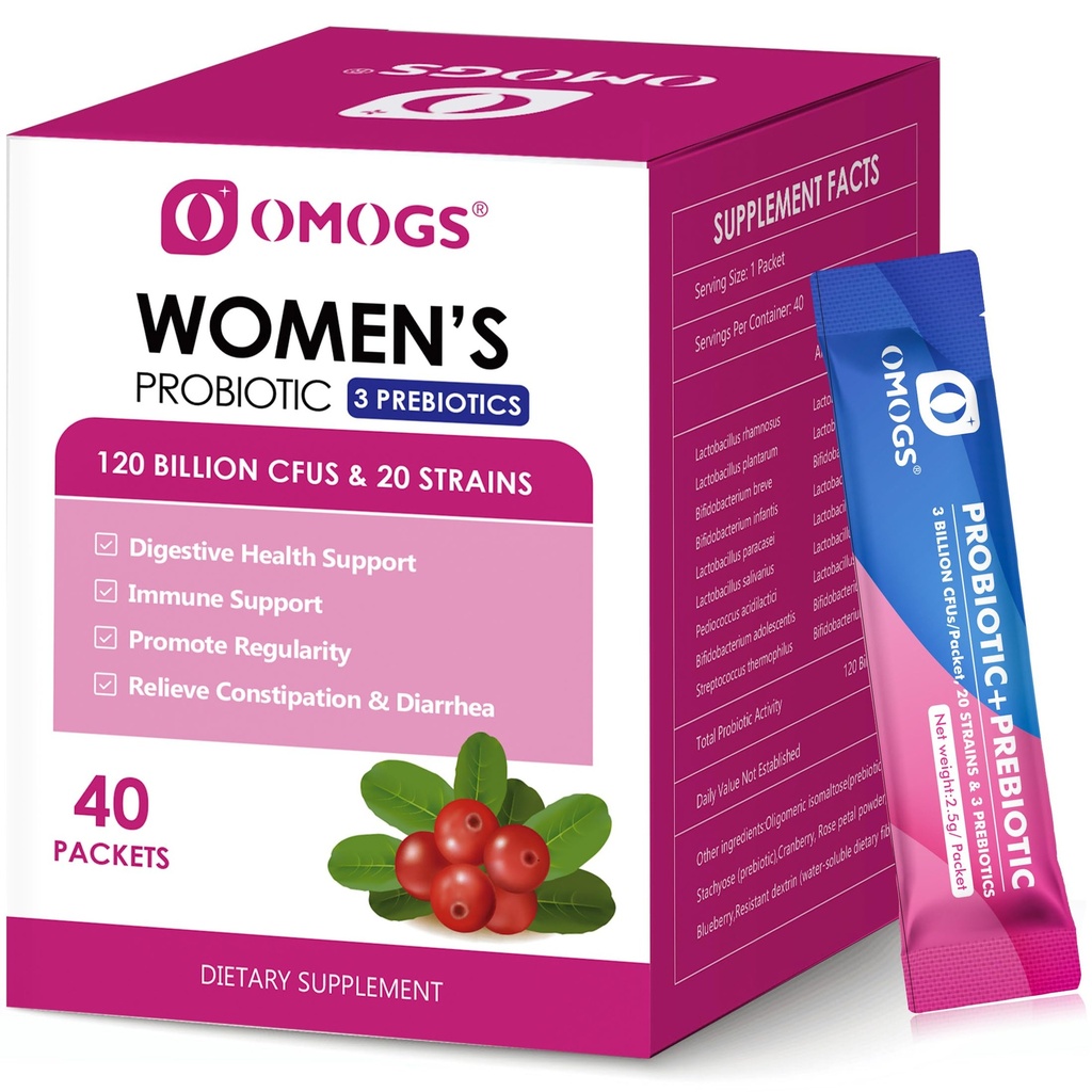OMOGS Women's Probiotic,120-Billion-CFUs, 18 Strains, mit 3 Prebiotics und Cranberry Extract, Hilfe für Immun Booster, Verdauungsgesundheit, Gut Health und Vaginal Health