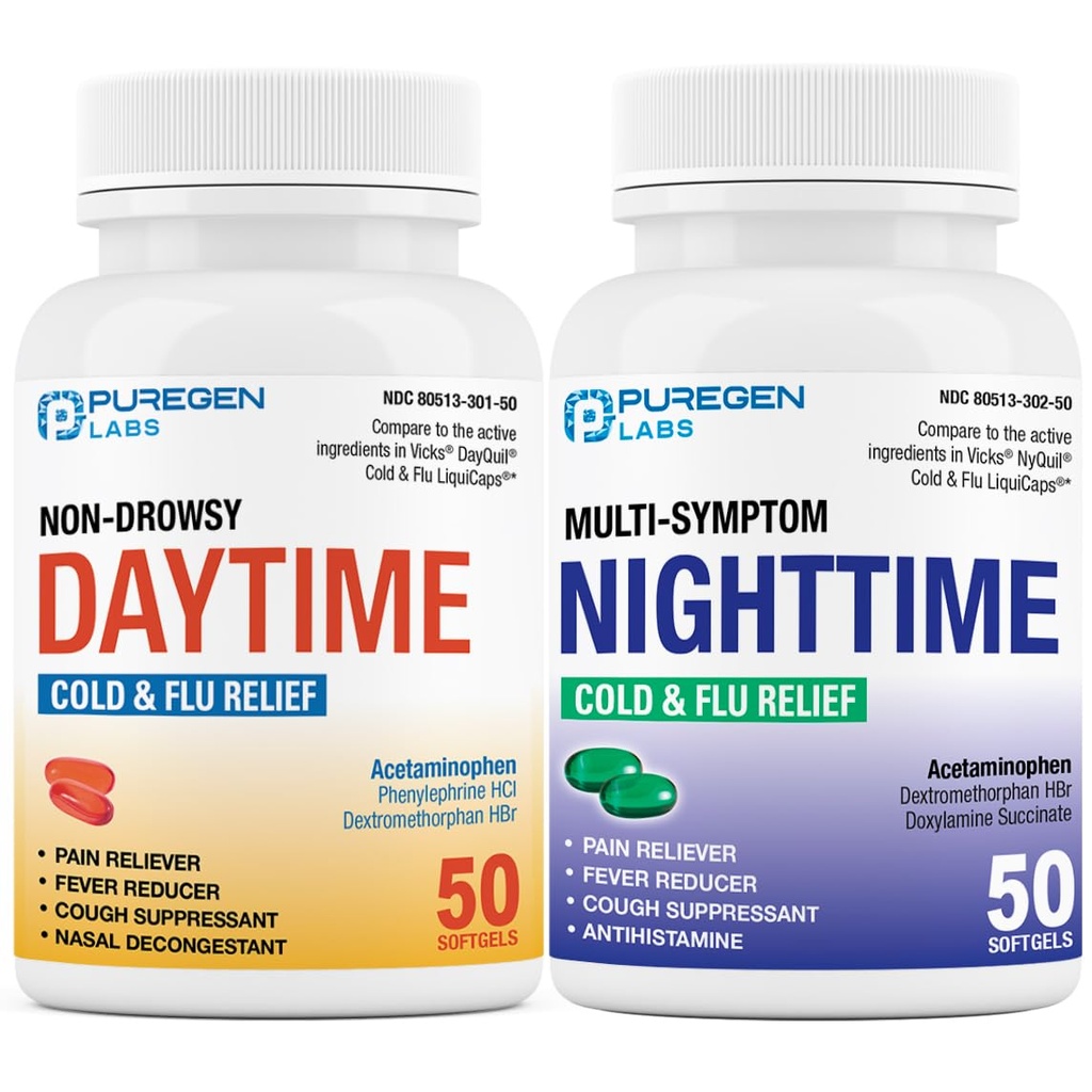 Puregen Labs Daytime and Nighttime Combo Pack, Cold and Flu Relief Medicine | Potente Multi-Symptom Daytime and Nighttime Relief per Headache, Fever, Sore Throat, Cough, Congestion and Aches