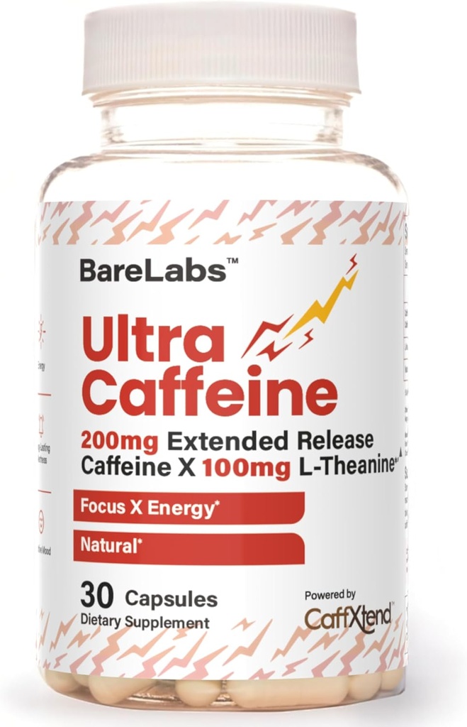 Pillole Ultra Caffeina + 200 mg Extended Release + L-teanina per l'energia &amp; Focus + No Jitters, No Crash + Natural Caffeine Supplement - 30 capsule
