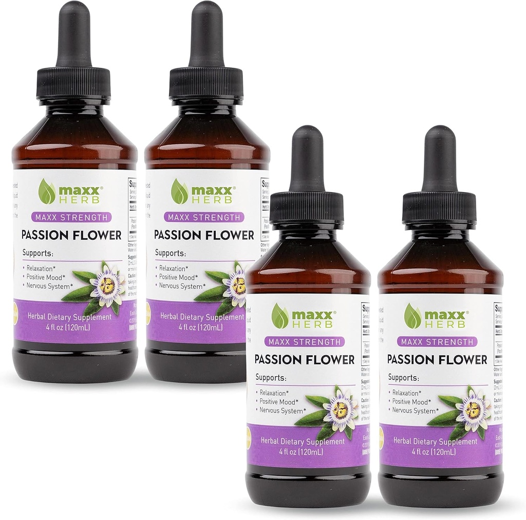 Extrait de fleur de passion Maxx Herb - Max Strength Passion-Flower Absorbs liquides mieux que les capsules, pour la relaxation et le soulagement du stress, sans alcool - 4 bouteilles, 4 oz chacune (240 portions)