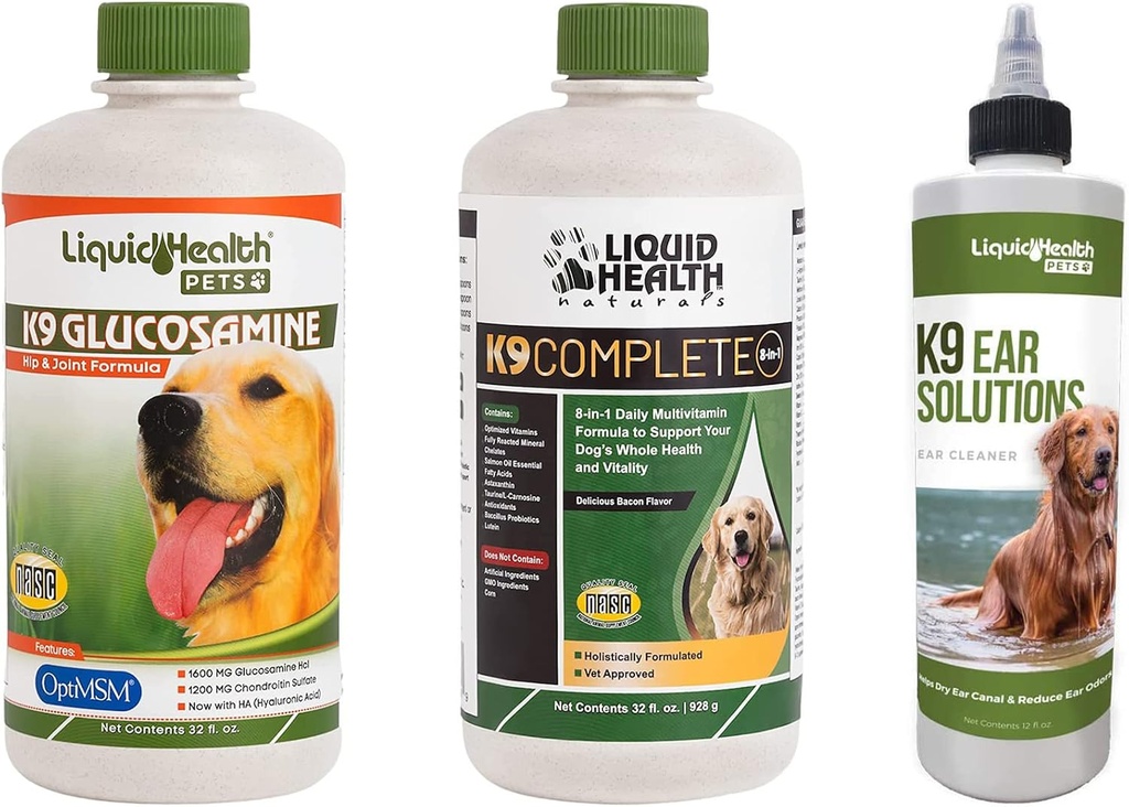 LIQUIDHEALTH Animali K9 Glucosamine Hip & Joint Formula, K9 Ear Wash Cleaning Solution, & K9 Complete 8-in-1 Dog Multivitamin - Pet Vitamin Bundle for Joint Health, Mobility, Immune Support - Made in USA
