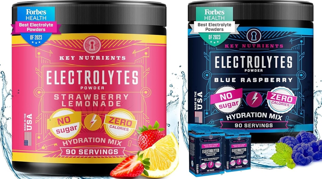 KEY NUTRIENTS Elektrolyte Pulver Ultimate Hydration & Wellness Bundle - Juicy Strawberry Lemonade & Sweet Blue Raspberry Electrolyte Powders - Zero Sugar, Keto-Friendly, 90 Portionen