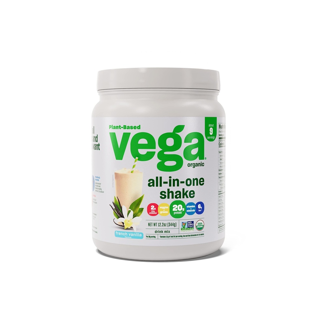 Vega Organic All-in-One Vegan Protein Powder, Französisch Vanille -Superfood Zutaten, Vitamine für Immunität Unterstützung, Keto Friendly, Pea Protein für Frauen & Männer, 12.2 Unze (Packaging May Vary)