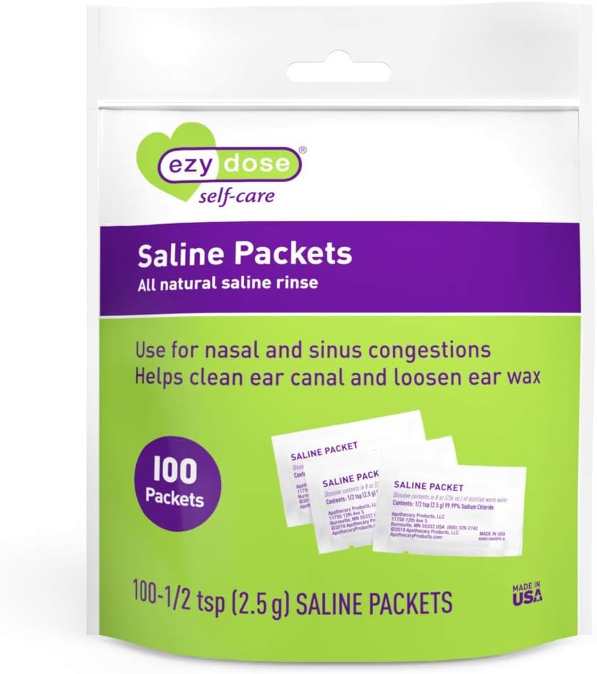 EZY DOSE Saline Nasal Rinse Packets, Individuell Wrapped Sinus Refill Packets, Nasal Relief, 100 Count, Made in USA