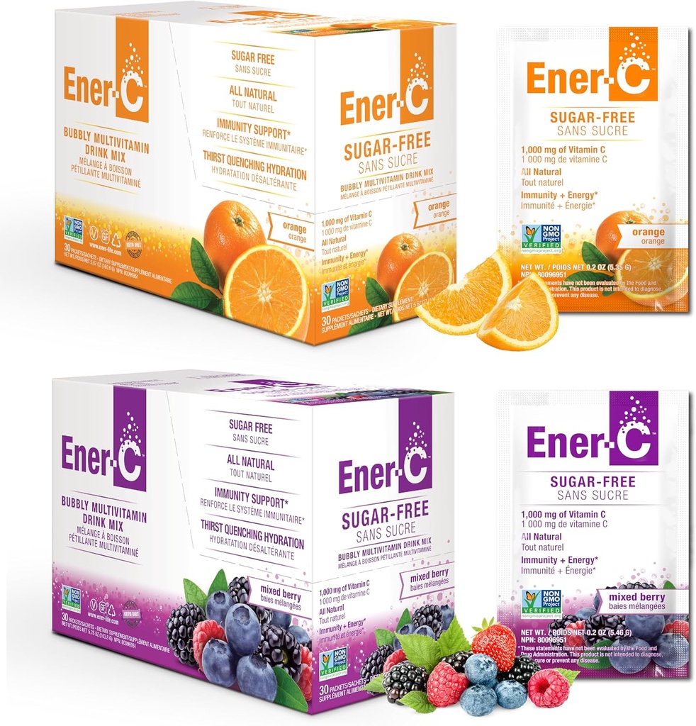 Ener-C Sugar Free Multivitamin Drink Mix - Vitamin Powder for Water, Electrolytes Powder No Sugar, Hydration Boost Packets, Zero Sugar, Vitamin C & B12 Supplement Liquid Mix - Orange & Berry, 60 Count