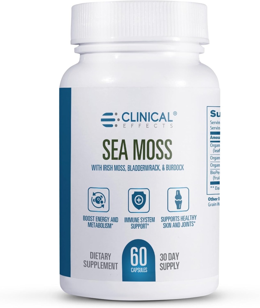 Effetti clinici Sea Moss - Organic Irish Sea Moss Capsule con Bladderwrack, Burdock Root e Bioperine per tiroide, salute del cuore, gestione del peso e supporto energetico - 60ct - Made in the USA