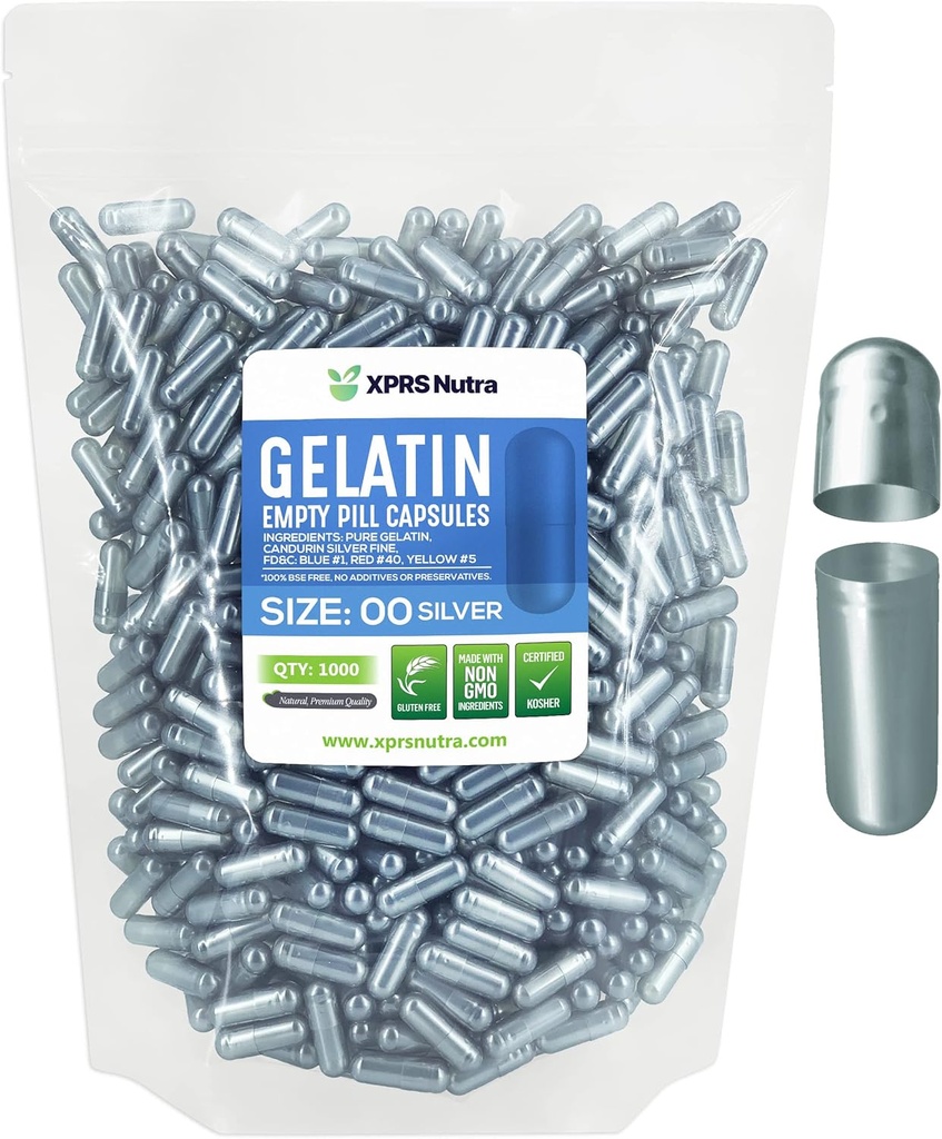 XPRS Nutra Size 00 Empty Capsules - 1000 Count Empty Gelatin Capsule - Pillola DIY Capsule Filling - Fillable Pills Gel Caps for DIY Supplements (Silver)