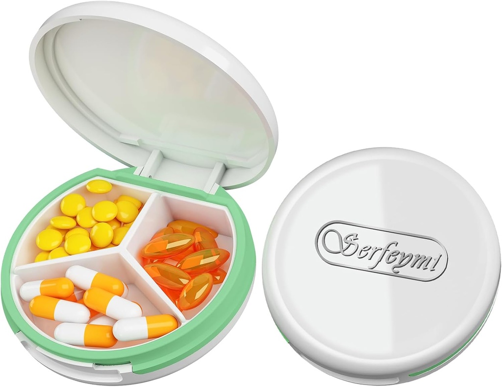 Serfeymi Small Pill Box - 3 scomparti Portatile Pill Box per Purse Pocket, Compact Mini Travel Pill Case - Adatto per Medicina, Vitamina, Fish Oil, Integratori - Bianco (Logo)