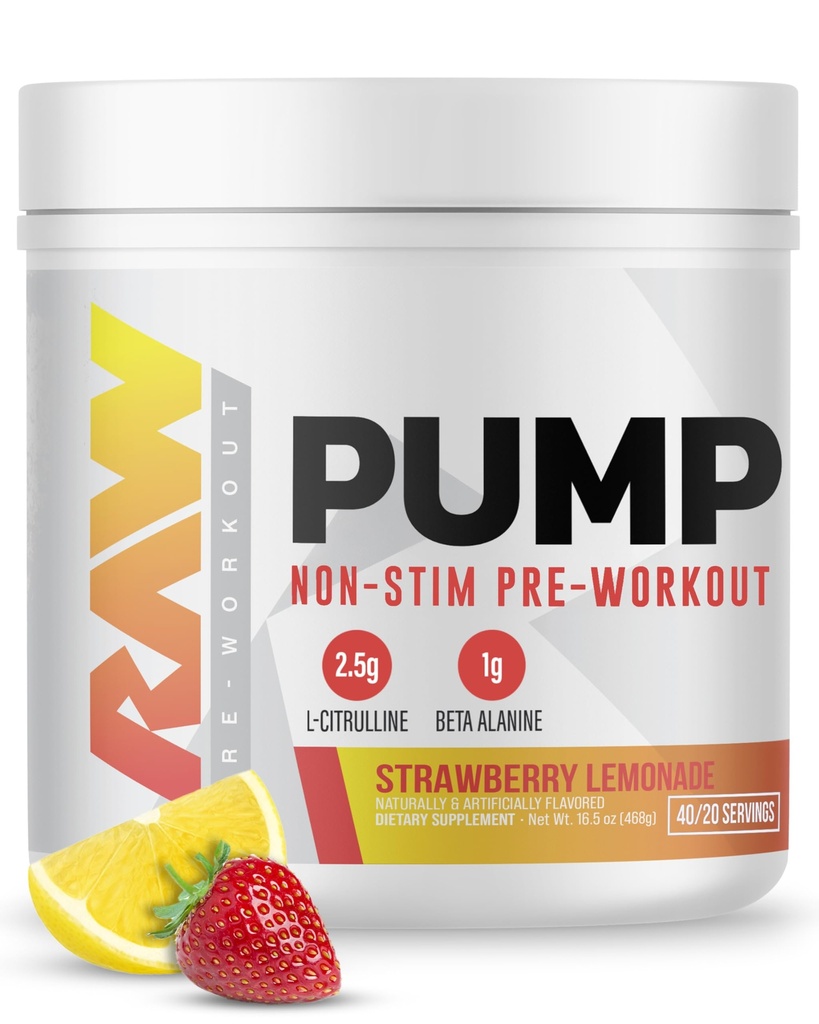 Pompa RAW Stim Free Pre Workout (Limonata di fragole) - Non stimolante Pre Workout Supplement Polvere Nitric Oxide Booster - Pre Workout Supplements Bevande durante l'allenamento - 40 Serve