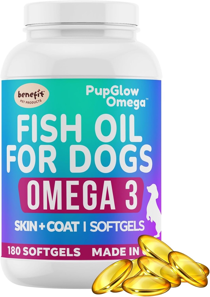 Omega 3 Huile de poisson pour chiens - 120 SoftGels - Supplément de peau et de manteau pour chiens, soutient la peau saine, manteau, articulations, coeur et système immunitaire, supplément d'huile de poisson Premium pour chiens - Fabriqué aux États-Unis