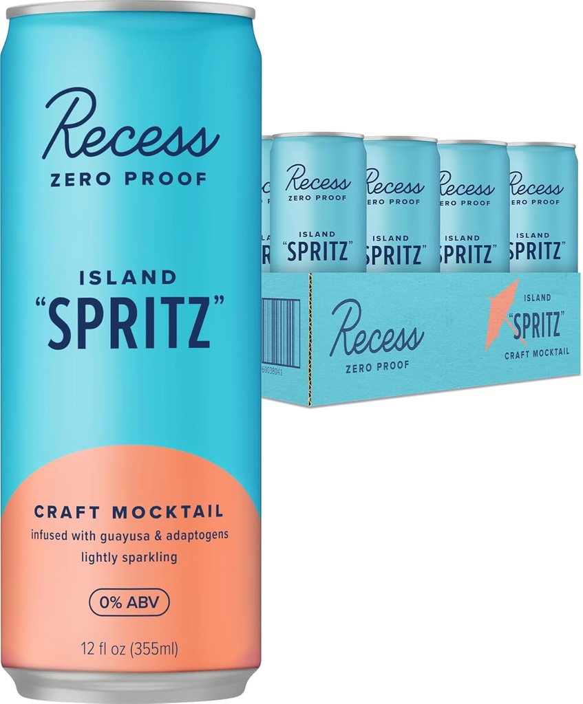 Recess Zero Proof Craft Mocktails, Alcohol Bevande Gratuite, con Adaptogens, Sostituzione Bevande non alcoliche, Miscelatore, Celebrazione, Partito, (Island Spritz, 12oz, Confezione da 12)