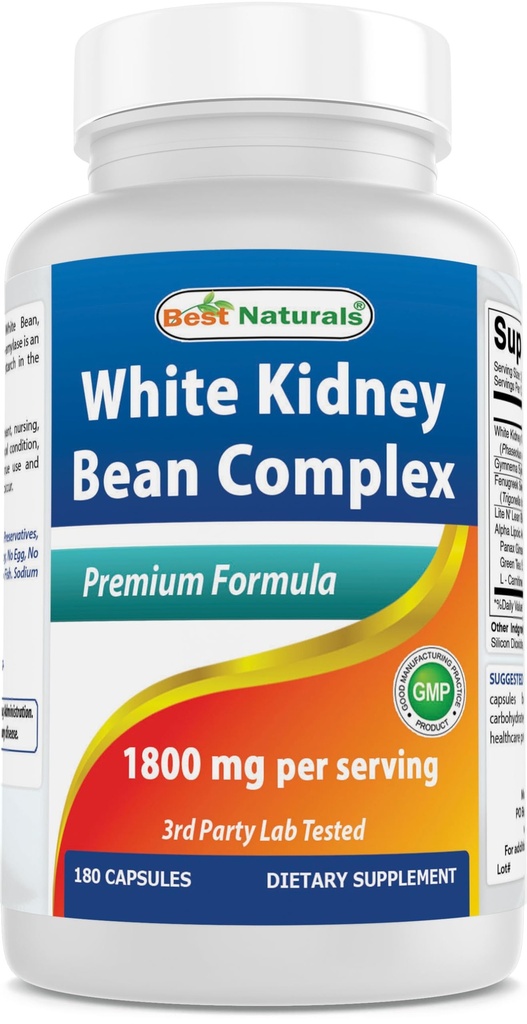 Best Naturals White Rein Bean Complex 1800 mg Par Servant- 180 Capsules. Non OGM et sans gluten