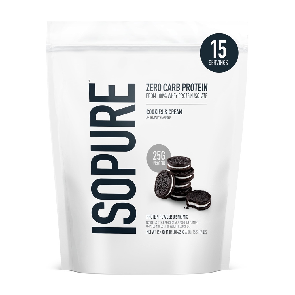 Isopure Zero Carb 100% Pure Whey Isolate Protein Powder, Lactose Free, Gluten Free, Con Vitamine, Cookies & Cream, 25g Protein Per Serving, 1 Lb, 15 Servings (Packaging May Vary)
