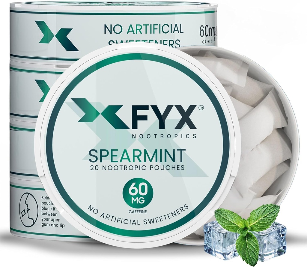 FYX Caffeine Nootropic Pouches – Energia pulita e messa a fuoco con Alpha-GPC, L-Tyrosine & L-teanina – 60 mg Caffeina Pouches – Zucchero Alpha Nootropic Pouches – 5-Pack (5-Pack, Spearmint)