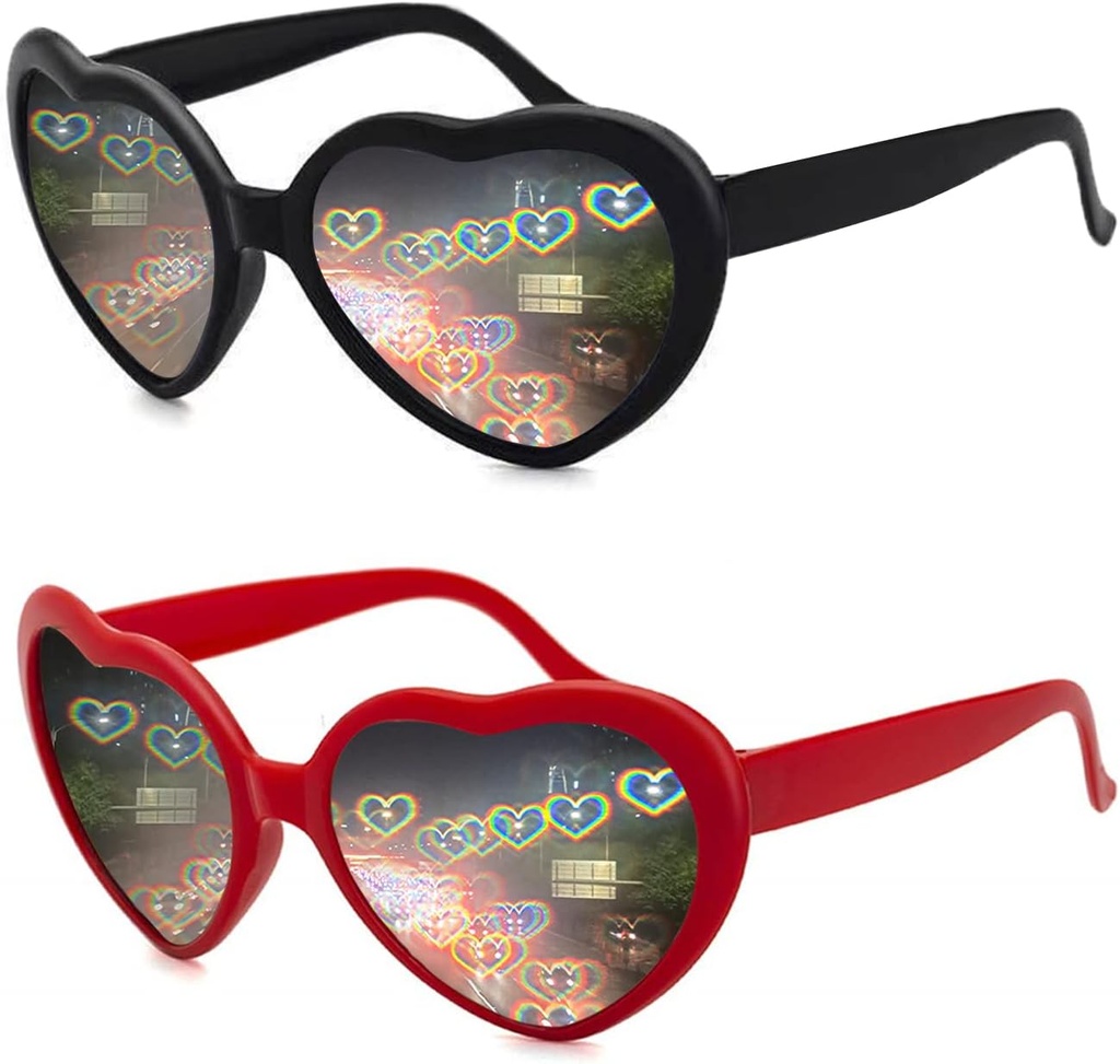 2 Pack Verres de diffraction en forme de coeur pour femmes, Lunettes de soleil effet coeur sont parfaits pour les accessoires de la Saint-Valentin, Rave Party, Soirée de mariage, Soirée musicale, Salons de feux d'artifice.