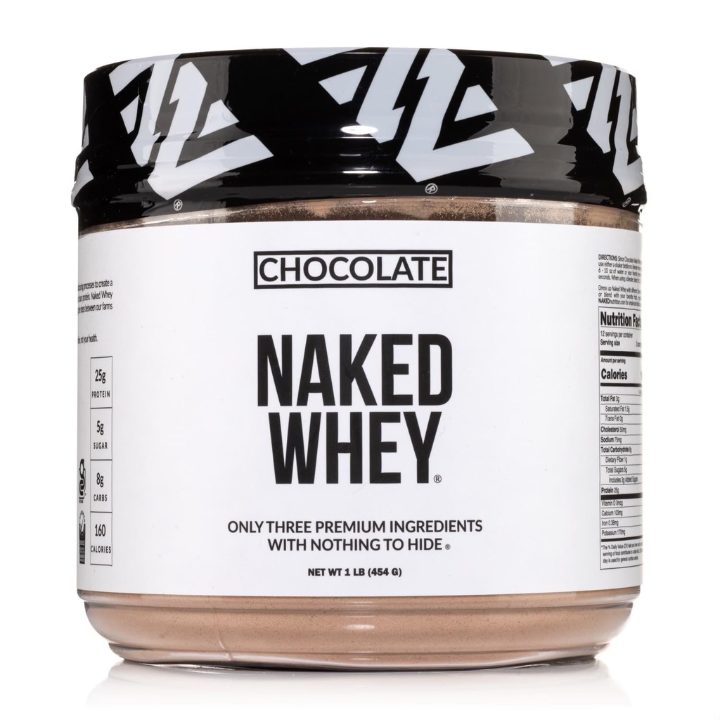 NAKED Chocolate Whey 1LB - All Natural Gras Fed Whey Protein Powder, Organic Cacao, and Coconut Sugar - No GMO, No Soy, and Gluten Free, Aid Growth and Recovery - 12 Portionen