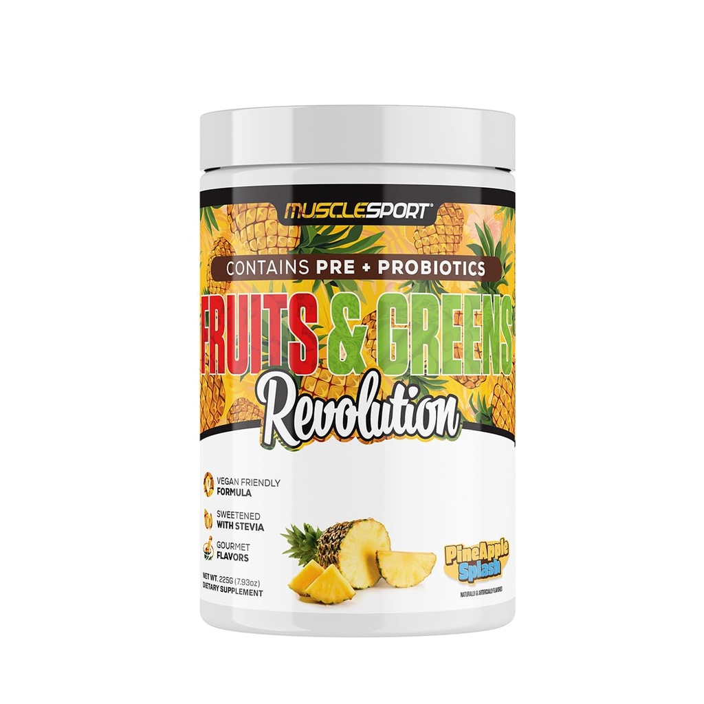 Musclesport Fruits & Greens - Obst, Gemüse und Antioxidantien-Ergänzung, einschließlich Weizengras und Spirulina, Hinzugefügt Fiber und Probiotics - 30 Portionen (Pineapple Splash)