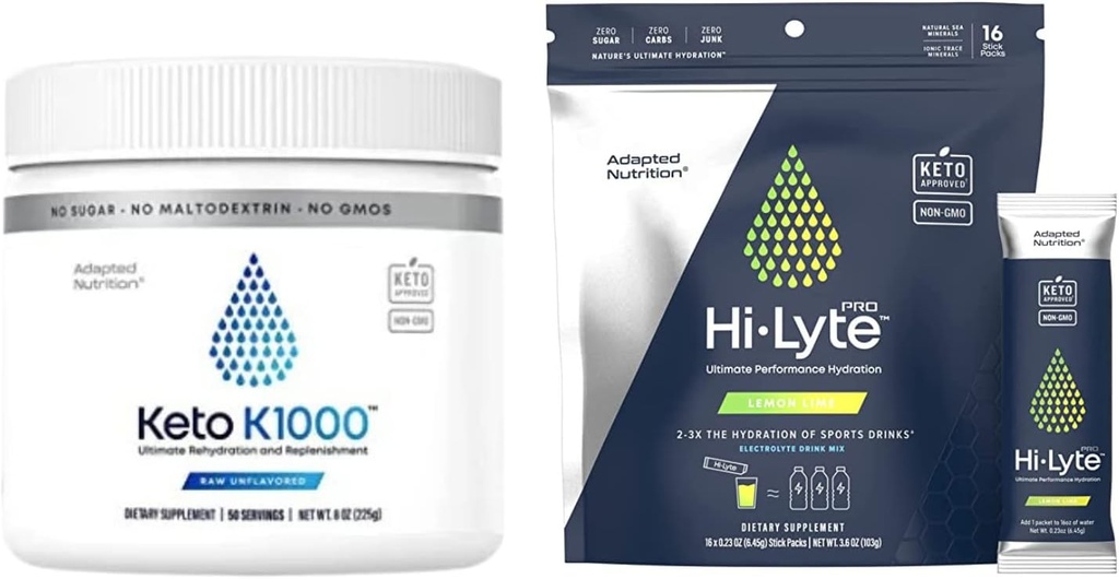 Hi-Lyte Keto K1000 Elektrolytpulver | Hydration Ergänzung Getränke Mix | Raw Mineral Flavor, No Stevia | 50 Serviergeräte | Plus Pro Hydration Packets, 16 Individuelle Getränke Packets | Zitronen Lime