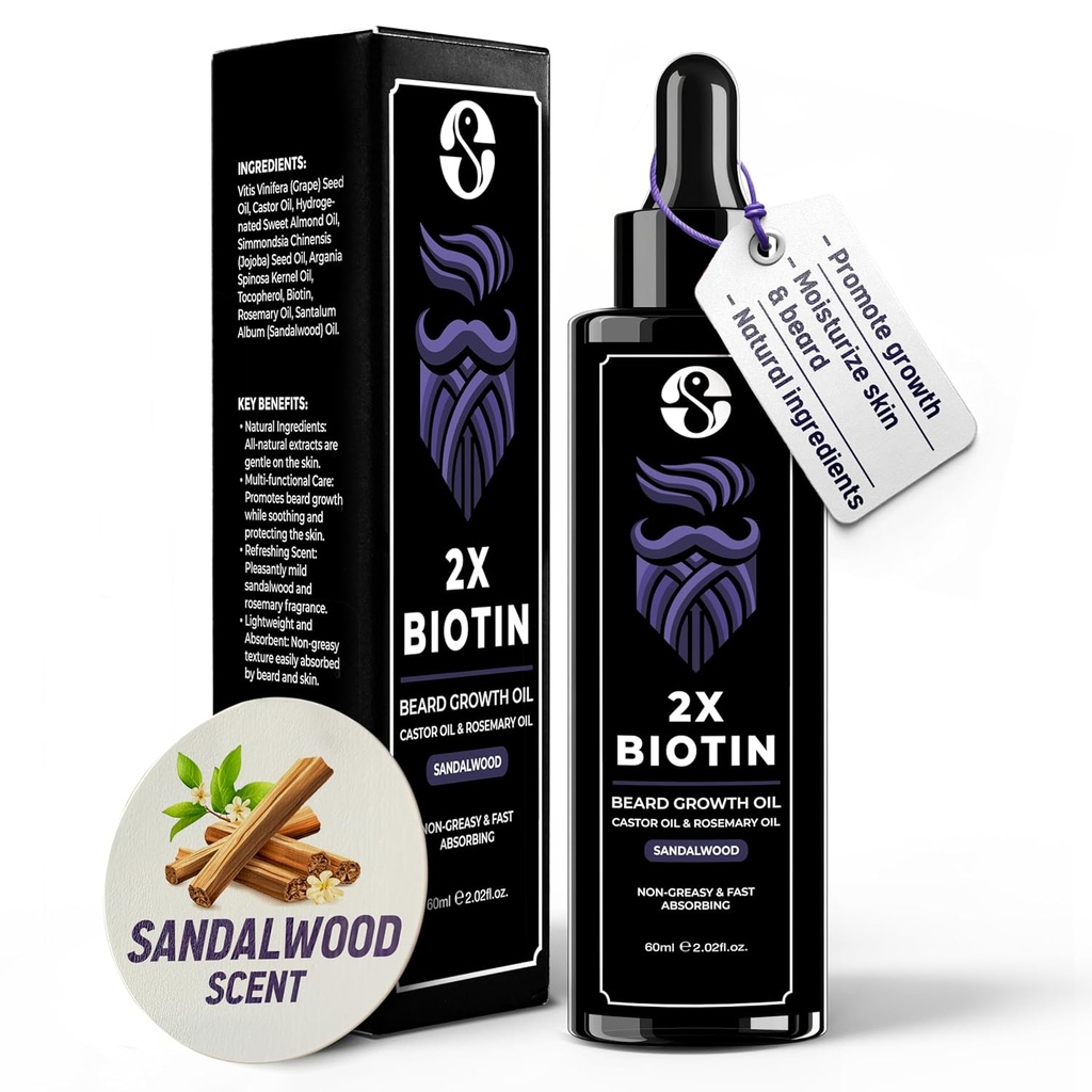 Concentrazione di biotina Spessore e addolcitore - 2oz con olio di ricino, olio di rosmarino e vitamine - Profumo di legno di sandalo per gli uomini