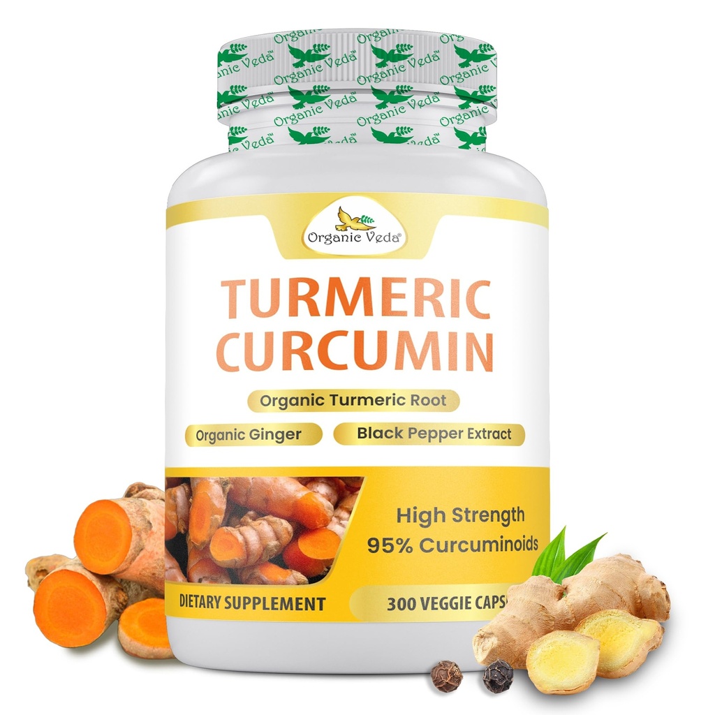 Organic Veda Turmeric e Ginger Capsule 300 Pillole - Curcumina Turarchica Organica con Pepe Nero per Supporto Giunto - Non OGM, Gluten Free, Turmeric e Ginger Supplement (95% curcuminoids)