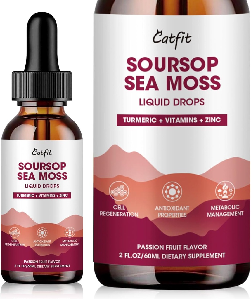 Soursop Graviola Flüssigkeitstropfen – Soursop Bitters Flüssigkeitstropfen mit Sea Moss, Turmeric & Vitamine B6 C Zink für Zellunterstützung, Antioxidans, Relaxation & Immun Boost, Passion Fruit Flavor,2 Fl Oz