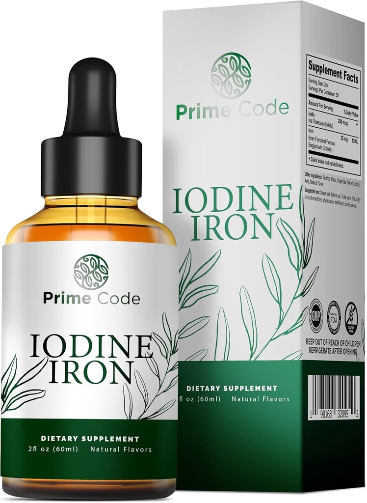 Prime Code [ 2 in 1] Jodflüssigkeitsergänzung mit Eisen - Jod Ergänzung Tropfen für Schilddrüse 250mcg - Unterstützt Schilddrüse Gesundheit Haut - Organisch, Vegan, Non-GMO, Alkohol und Gluten-frei