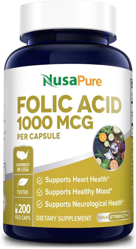NusaPure Folic Acid 1000mcg 200 Caps Veggie (Non OGM, Vegetariano, Gluten Free)