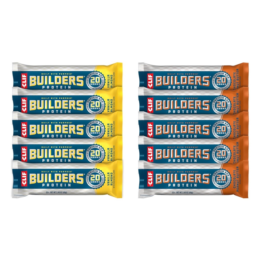 CLIF Builders - Beurre d'arachides au chocolat et amande de vanille - Lot variétif - Barres de protéines à base végétale - Sans gluten - Non-OGM - Faible glycémique - 20g Protéines - 2,4 oz (10 Nombre)