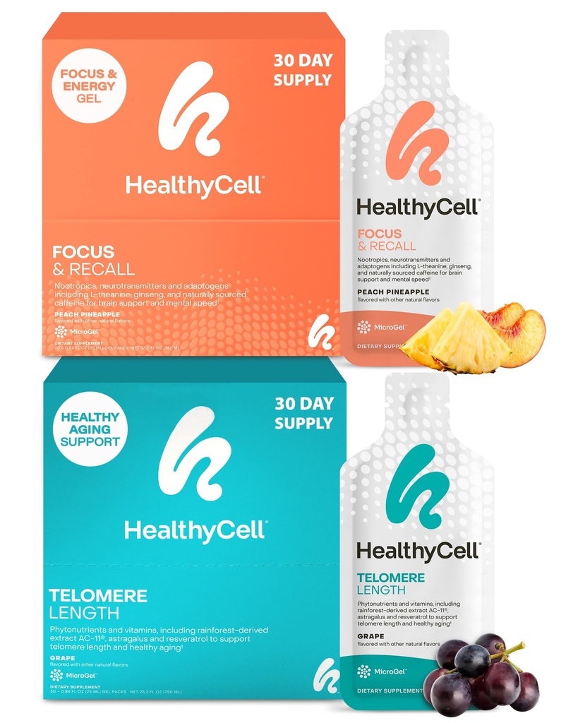 Healthycell Telomere Lunghezza Integratore di invecchiamento sano + Focus & Richiamo Integratore del cervello per la memoria & Focus Bundle