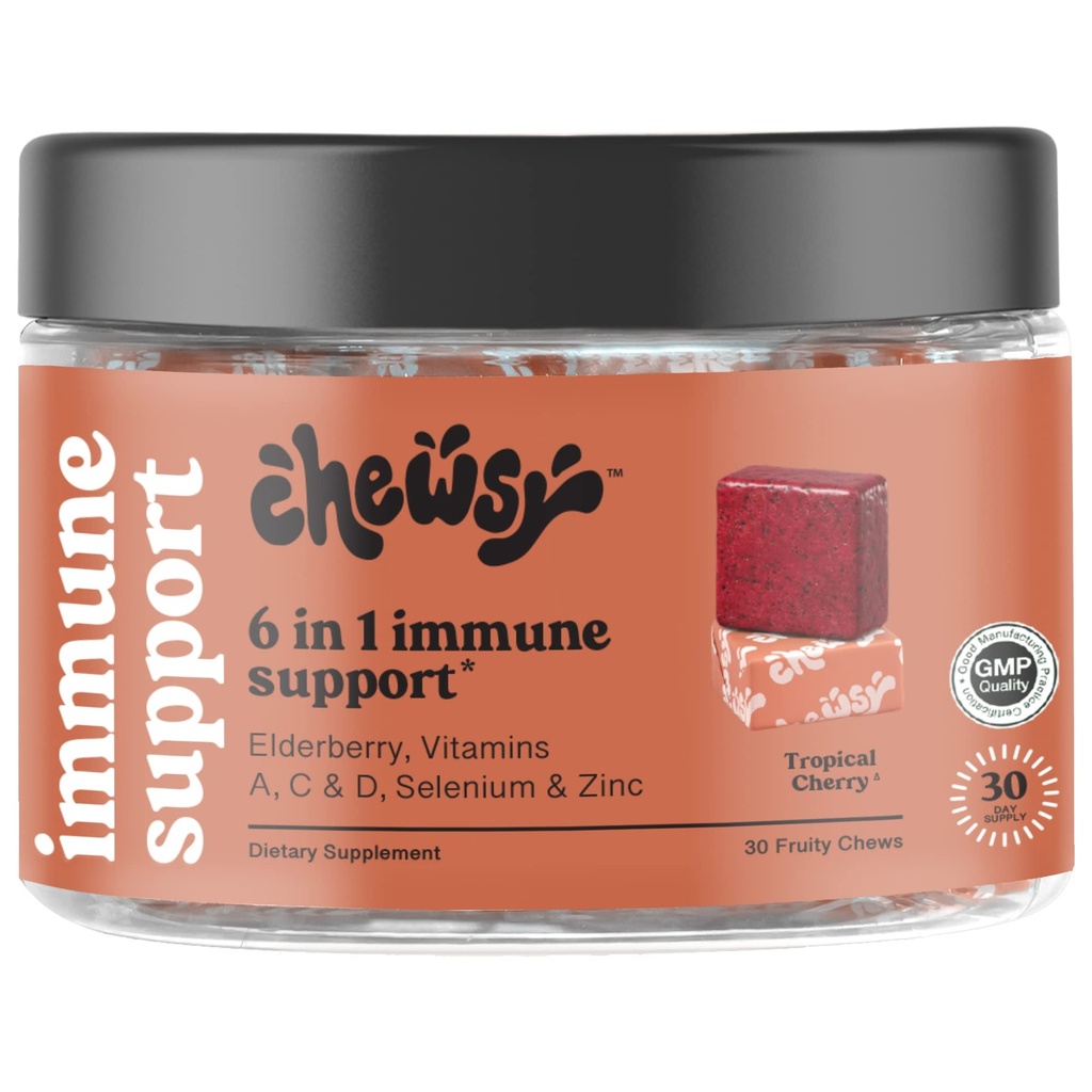 Chewsy 6-in-1 Immun Support Supplement Fruchtige Käse mit Elderberry, Vitamin C, A & D, Zink & Selen - 30-Day Supply, Individuell Wrapped Immunität Vitamine Chews für Erwachsene und Kinder (1)