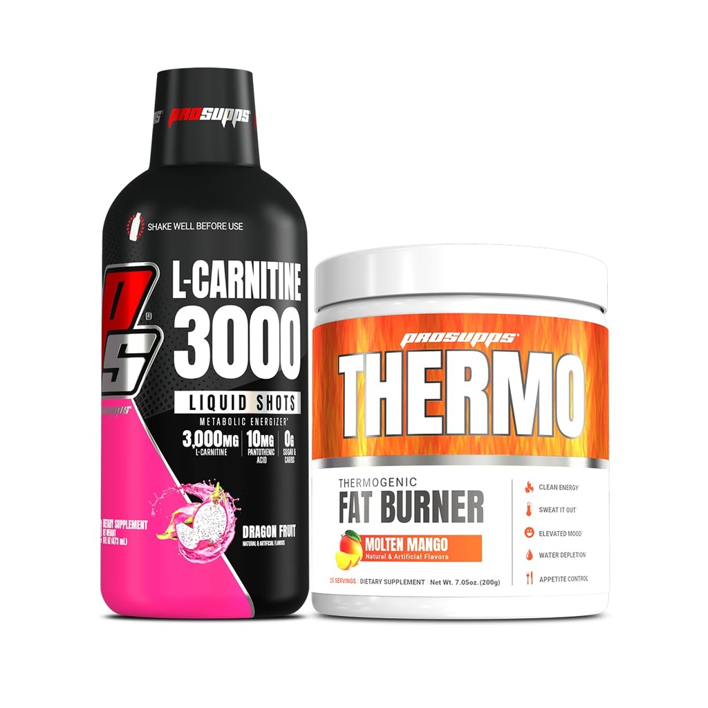PROSUPPS L-Carnitin 3000 Stimulant freie flüssige Schüsse (31 Servierungen, Drachenfrucht) und Thermo Fat Burning Thermogenic Powder (25 Servierungen, Molten Mango) Bundle