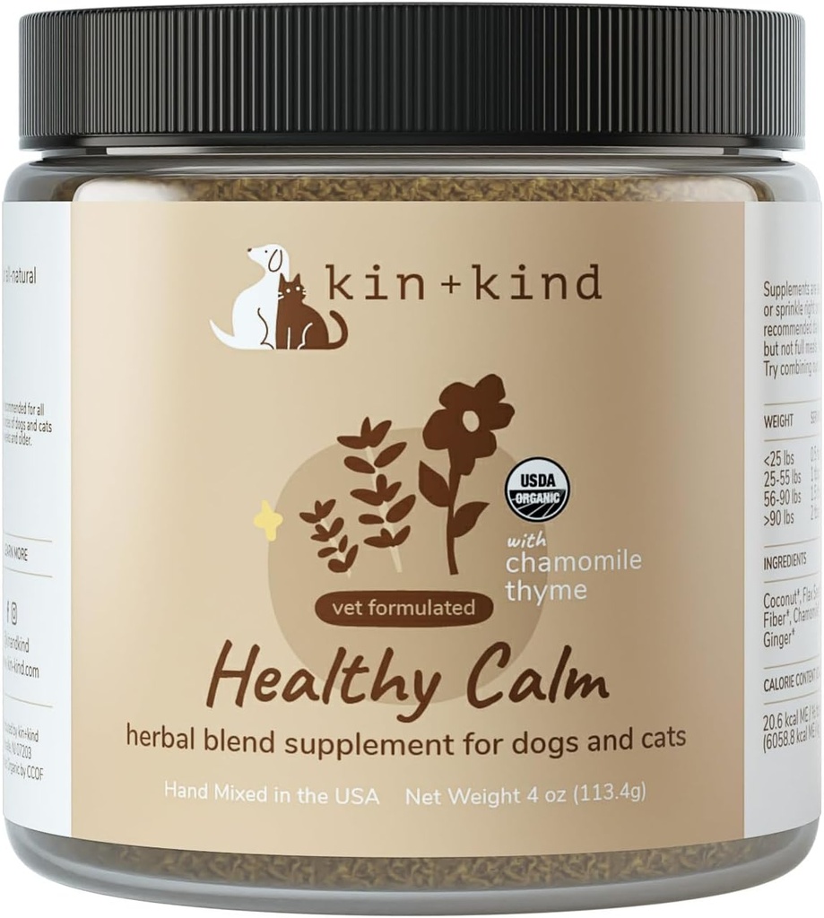 kin+kind Healthy Calm Supplement for Dogs & Cats - Vet formule naturelle avec camomille biologique, thym, pommier, gingembre et noix de coco- Fabriqué aux États-Unis - 4 oz (Moyen)