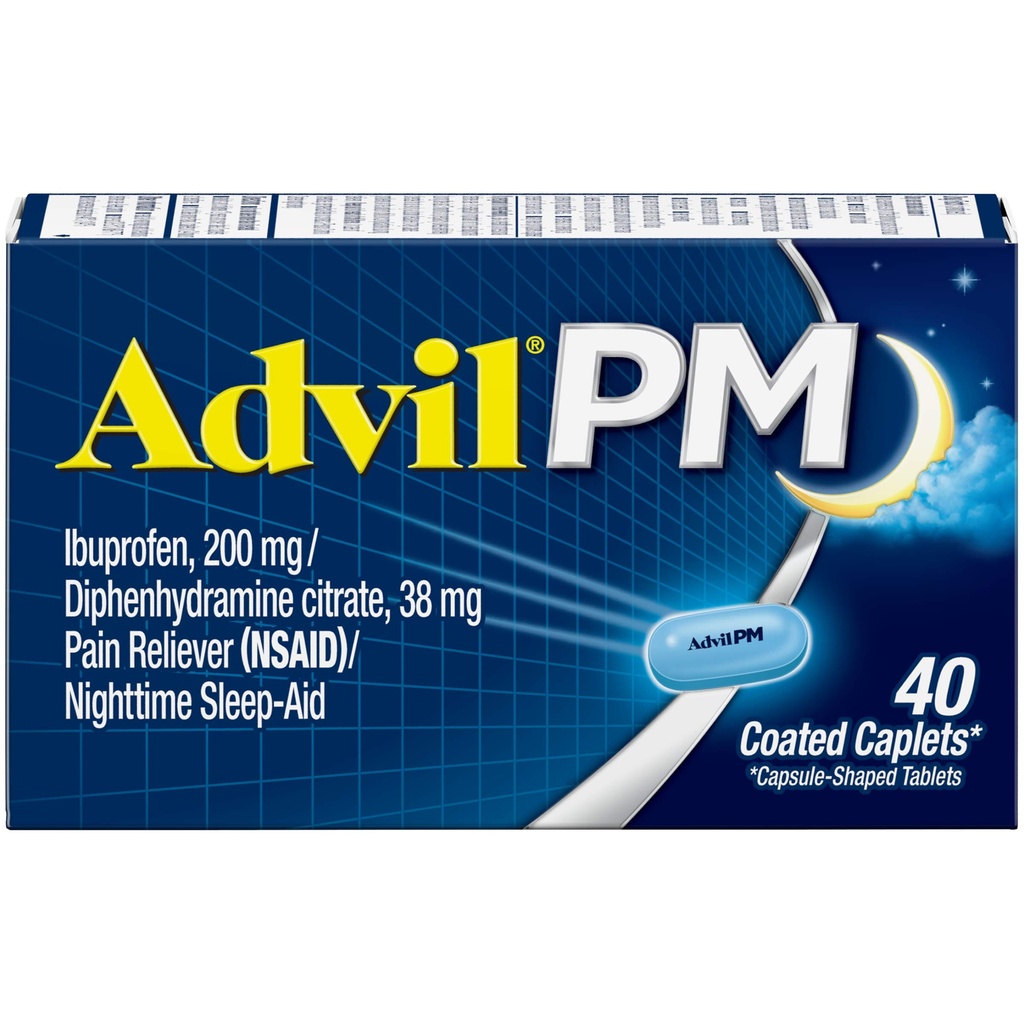Advil PM Schmerzlinderung und Nacht Schlafhilfe, Schmerzmedizin mit Ibuprofen für Schmerzlinderung und Diphenhydramin Citrat für eine Schlafhilfe - 40 beschichtete Caplets