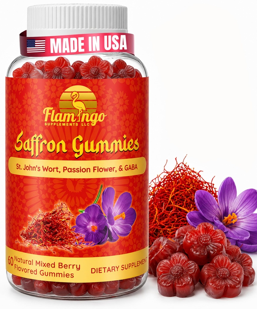 Saffron Estratto Gummies-Sugar Free Saffron Supplemento potenziato con GABA, San Giovanni Wort, Passion Flower- Saffron Supplementi per bambini, donne, uomini. Focus e Mood Support. 60 Zafferano Gummies