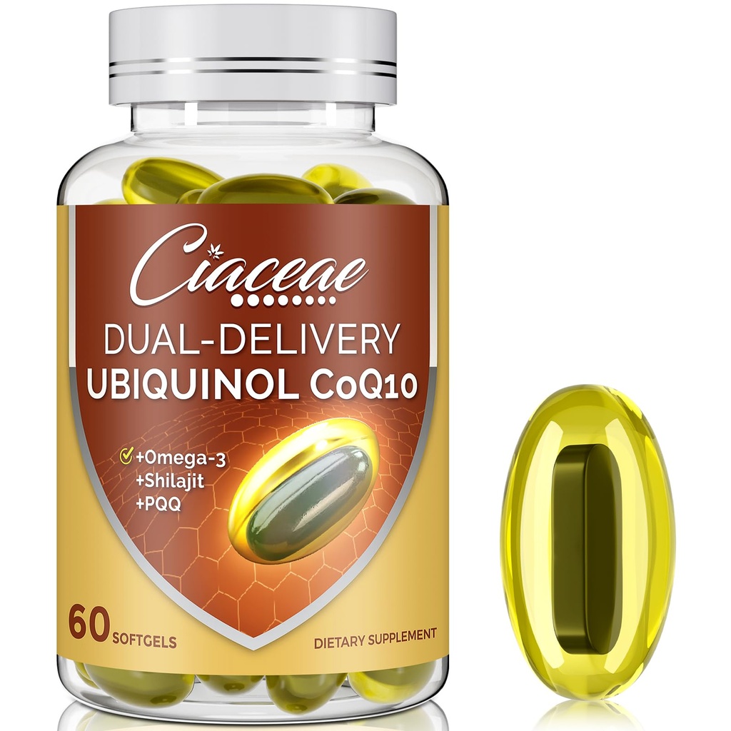 Ubiquinol CoQ10 600 MG Softgels mit Omega-3 & Shilajit & PQ, Advanced Dual-Delivery Coenzyme-Q10, Active CoQ10 Ubiquinol Supplement für Fruchtbarkeit, Antioxidans, Herz, Gehirn & Energie, 60 Servietten
