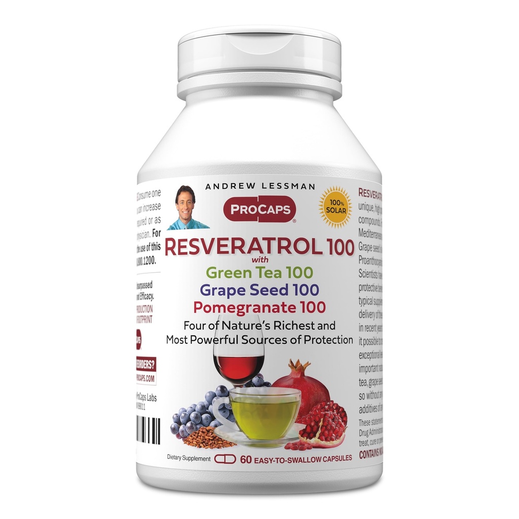 ANDREW LESSMAN Resveratrol-100 mit grünem Tee 100 Trauben Seed 100 Granatapfel 100mg - 60 Kapseln - Vier mächtige, schützende Antioxidantien.