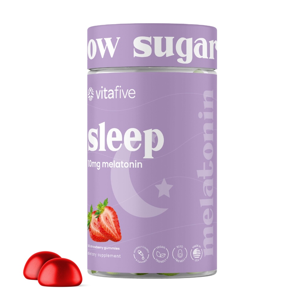 Vitafive Extra Strength Melatonin Gummies, Melatonina da 10 mg, Sleep Aid for Adults, Basso Zucchero, Vegan, Gluten Free Melatonin Supplement (50 Ct)