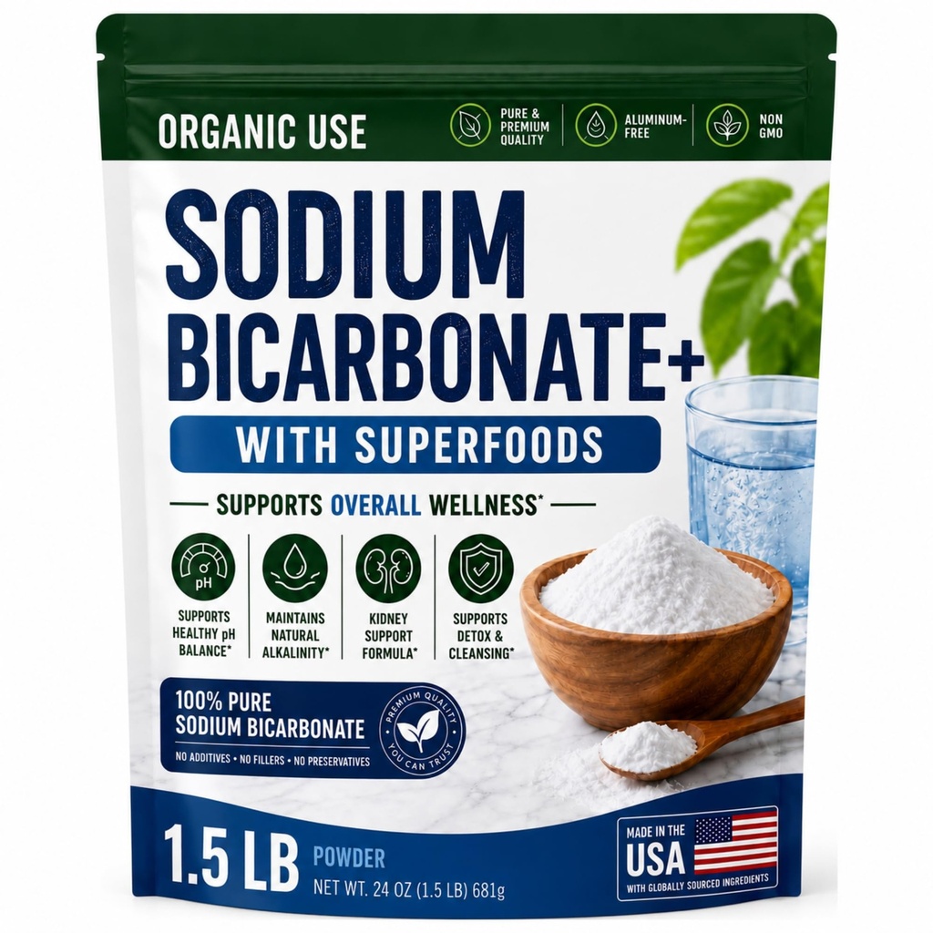 Utilisation biologique Bicarbonate de sodium Supplément alcalin pour l'alcalinité. Soutien Neutraliseur d'acides rénaux et stomach avec superaliments alcalins. Poudre de bicarbonate de sodium Rein Imune Support Antiacide Sport 1,5LB