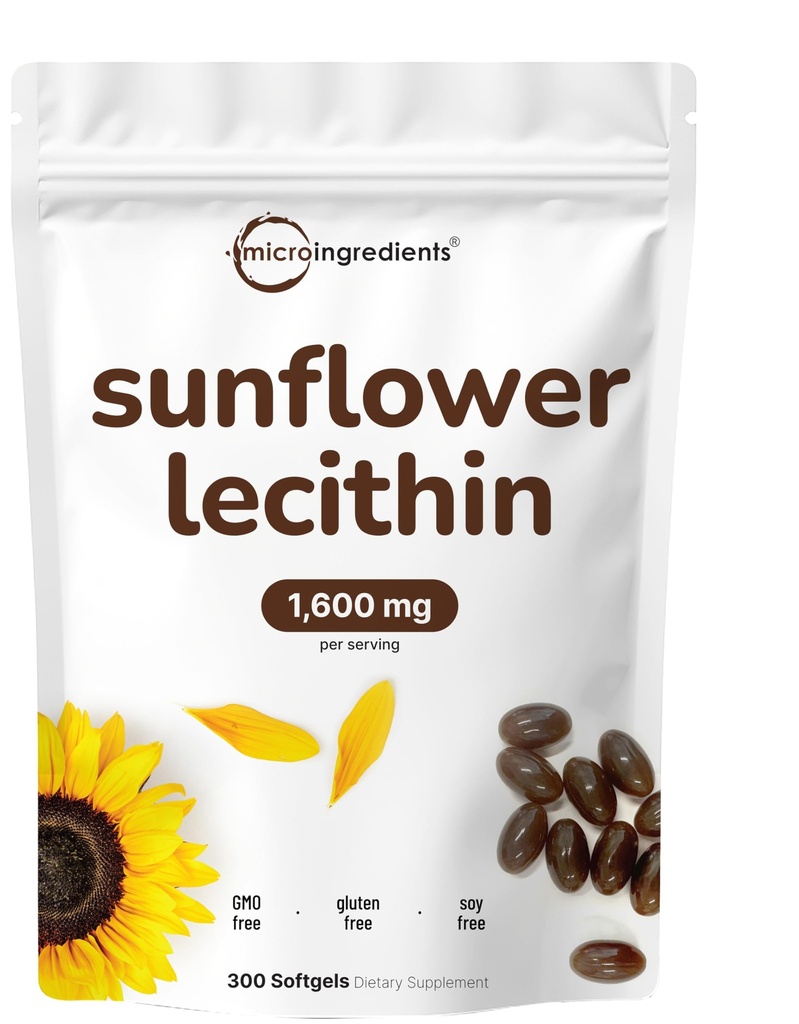 Micro-ingrédients Lécithine de tournesol 1,600mg par portion, 300 Softgels. Source durablement cultivée, pressée à froid, riche en Phosphatidyl Choline.