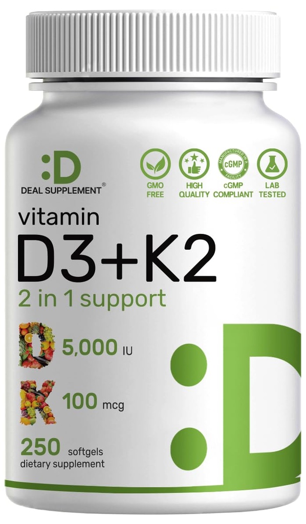 SUPPLÉMENT DE DÉLAI Vitamine D3 5 000 UI + K2 MK7 Softgels, 250 Complex 2-en-1