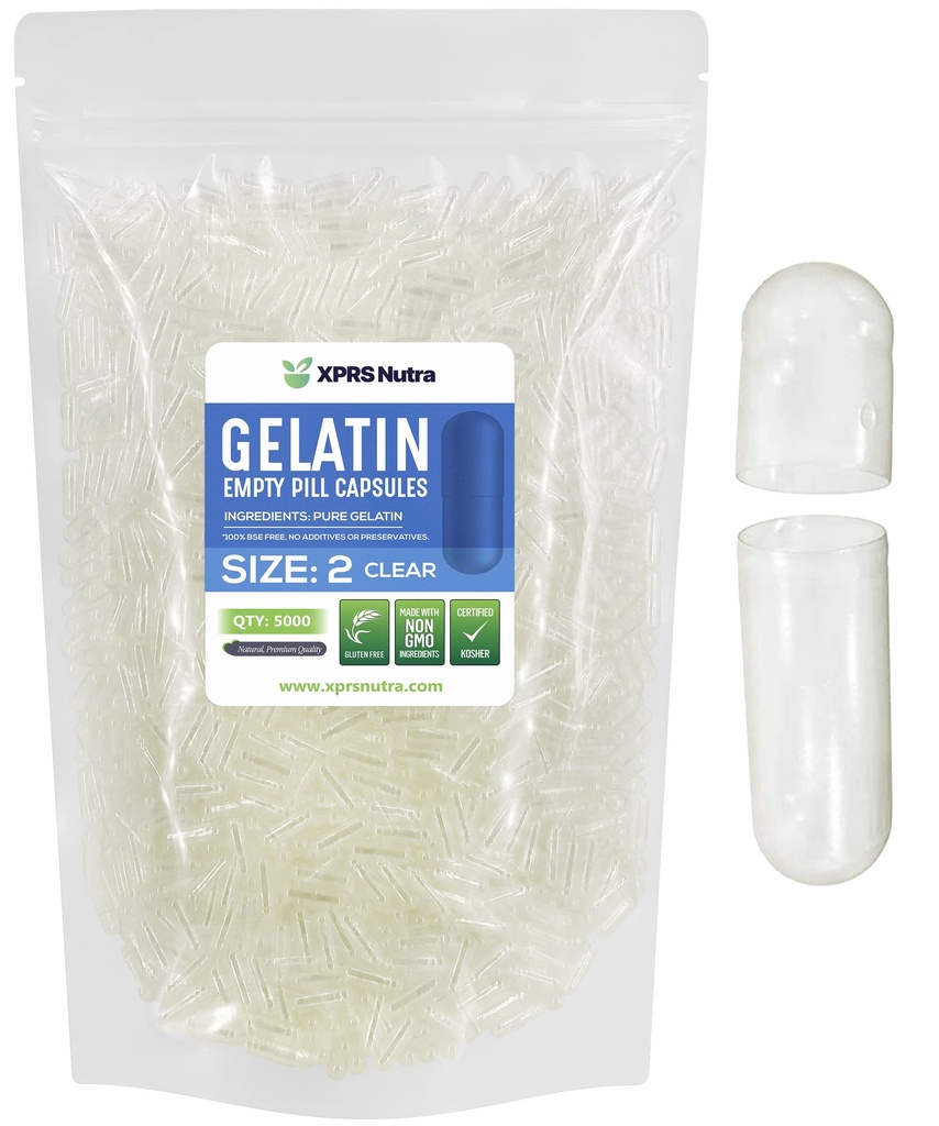 XPRS Nutra Größe 2 Leere Kapseln - 5000 Graf Klare leere Gelatine Kapseln - Pillen DIY Kapsel Füllung - Pure Bovine Pill Gel Kapseln für Do-It-Yourself Ergänzungen