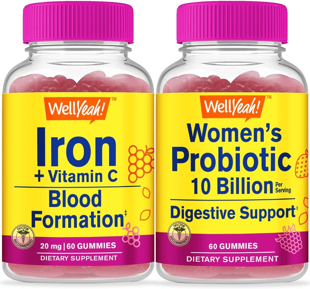 Eh bien oui Iron+Vitamine C + Probiotiques Femmes 10B CFU, Gommies Bundle - Grande dégustation, supplément de vitamine, sans gluten, sans OGM, gommy à croquer