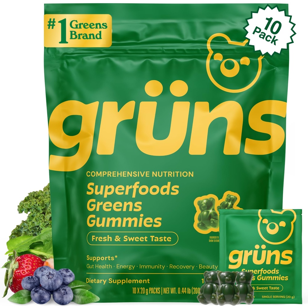 Gruns Adult Super Greens Gummies - Superfood Gummy Bears mit Spirulina, Chlorella & Prebiotics für Verdauungsgesundheit - Adaptogenes Supplement mit 20 Vitaminen & Minerals, Low Sugar- 2-Week Supply