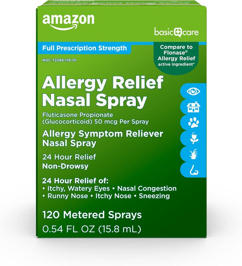 Basic Care 24-Hour Allergy Relief Nasenspray, Fluticasone Propionate (Glucocorticoid), 50 mcg pro Spray, Volle Rezeptstärke, Nicht-Droxy, 0,54 fl oz (Pack mit 1)