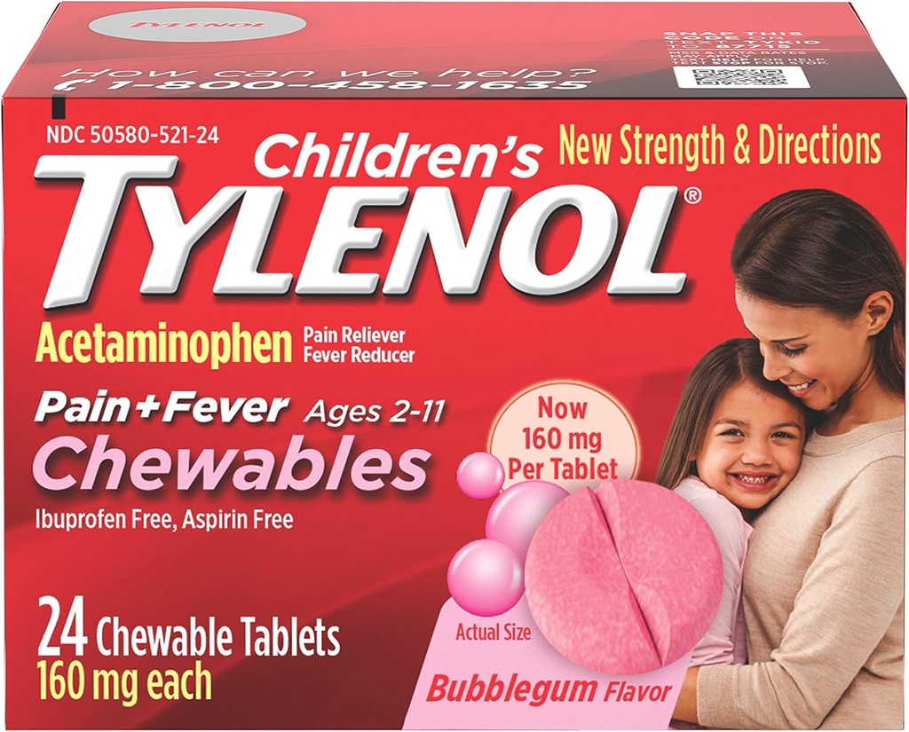 Kinder Tylenol Chewables, Acetaminophen für Schmerz & Fever Relief, Bubble Gum, 24 ct