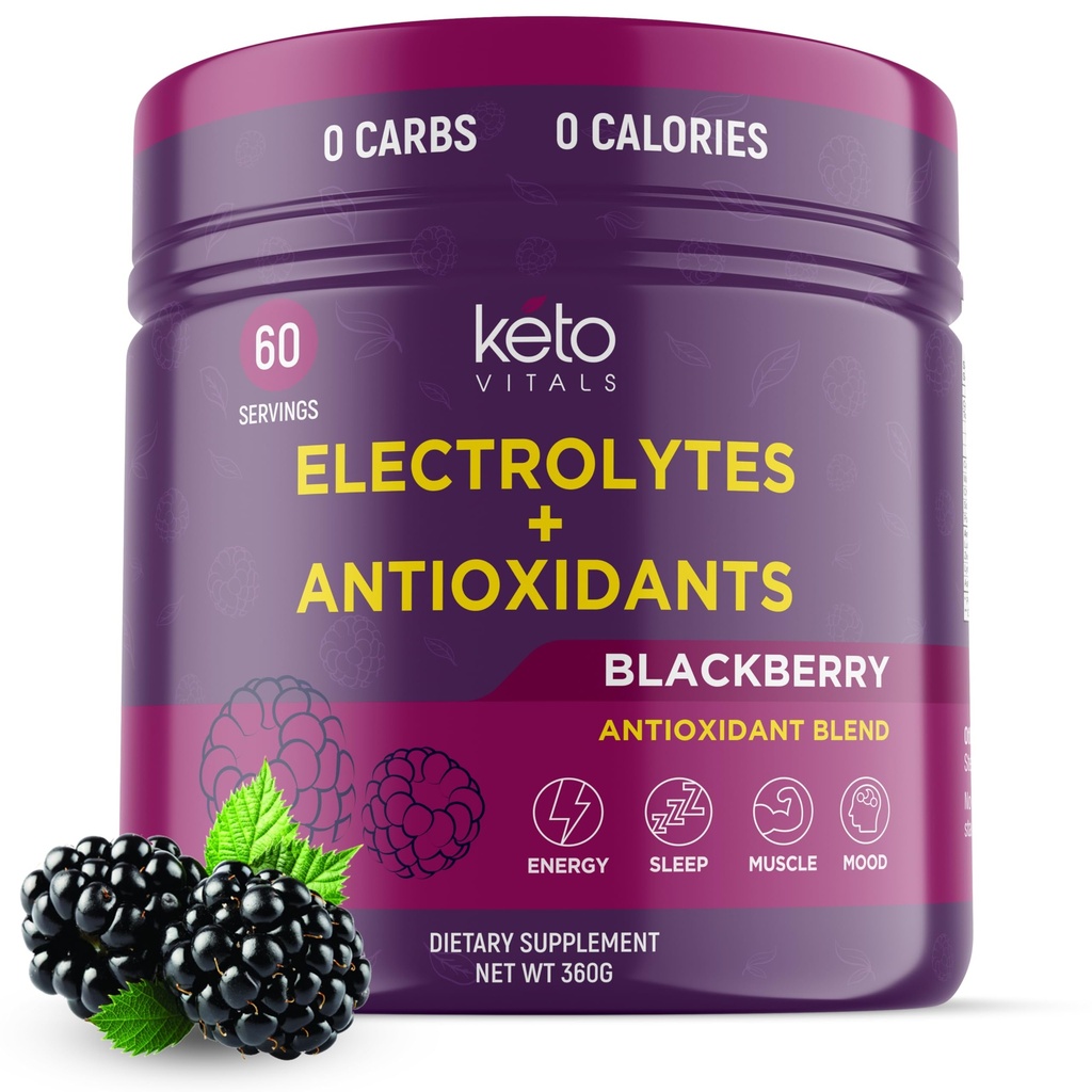 Polvere di elettroliti antiossidante di Keto Vitals - Blend Keto Electrolytes con Potassium, Magnesio, Sodio, & Calcium - senza polvere di miscela e idratazione dell'elettrolita di zucchero, 60 Serve, BlackBerry