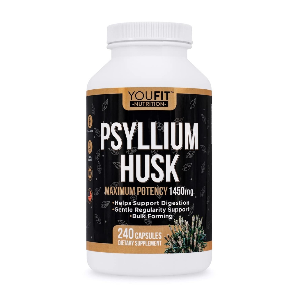 PSYLLIUM Husk Kapseln - Premium Psyllium Fiber Supplement - Fördert Darmgesundheit und Regelmäßigkeit - 100% natürliche lösliche Faser 1450mg pro Servierung - 240 Kapseln